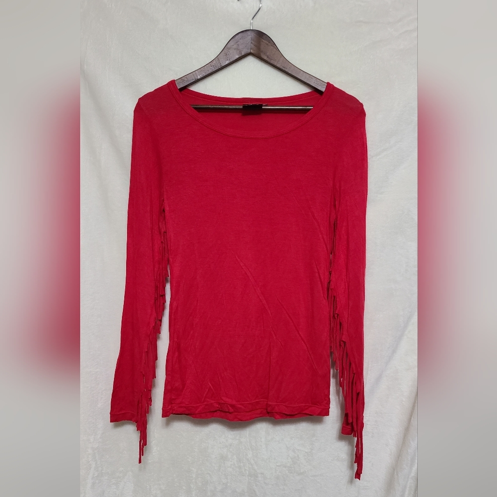 RU Apparel Women's Red Fringed Long Sleeve Tee Size S